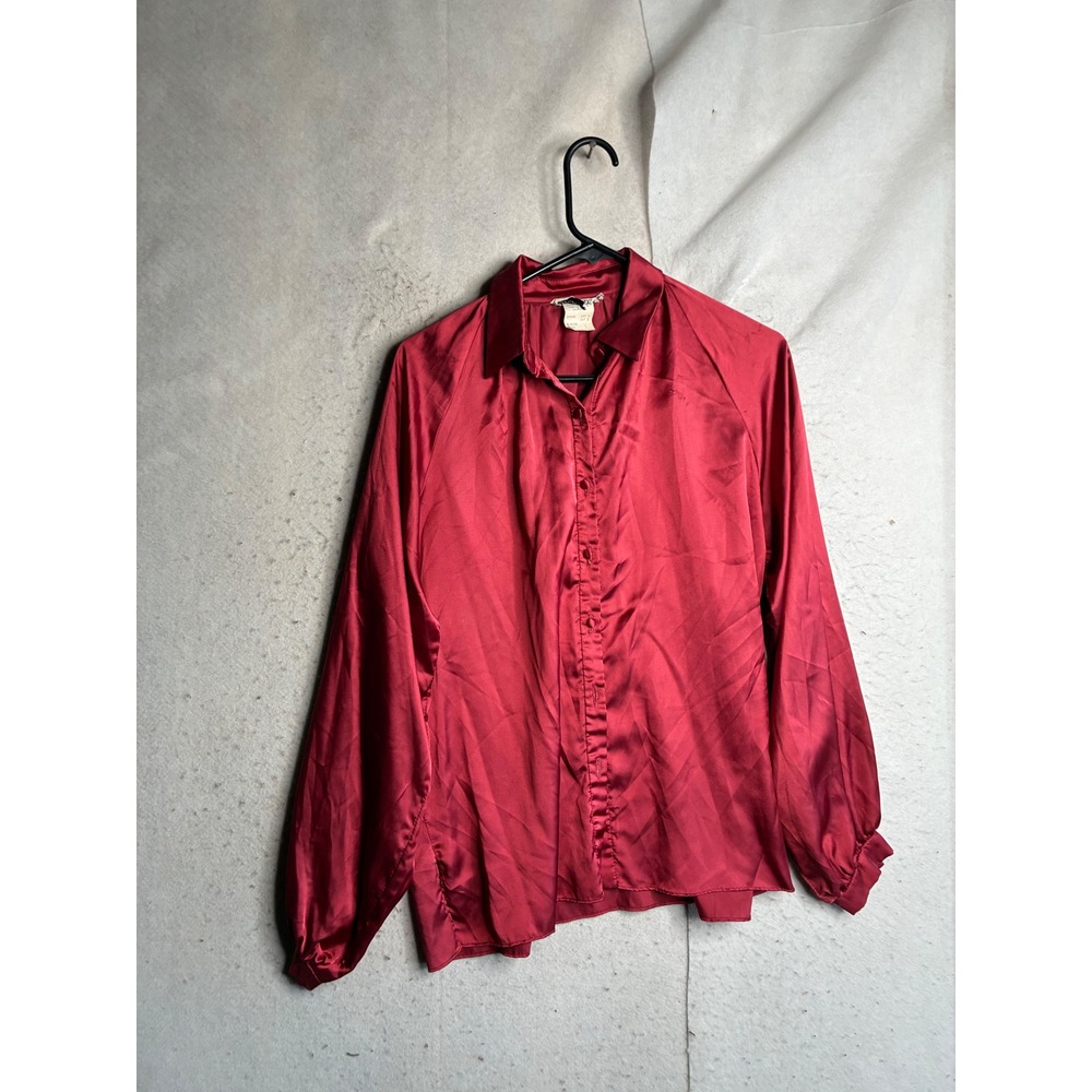 VTG Prophecy Red Satin Button Down Blouse Long Sleeve Raglan Top Size 12 4110
